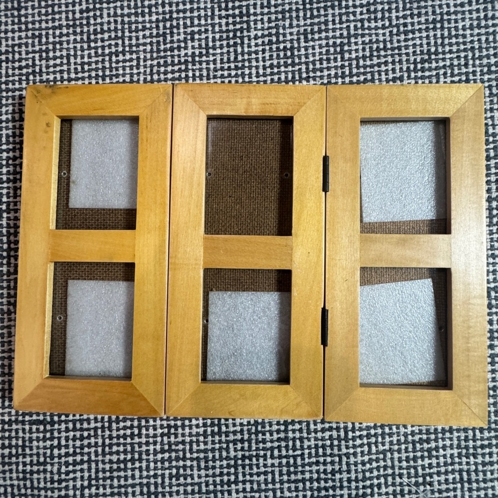 Fetco Wood Tri-Fold 6-Opening Hinged Triptych Picture Frame Natural Light Brown